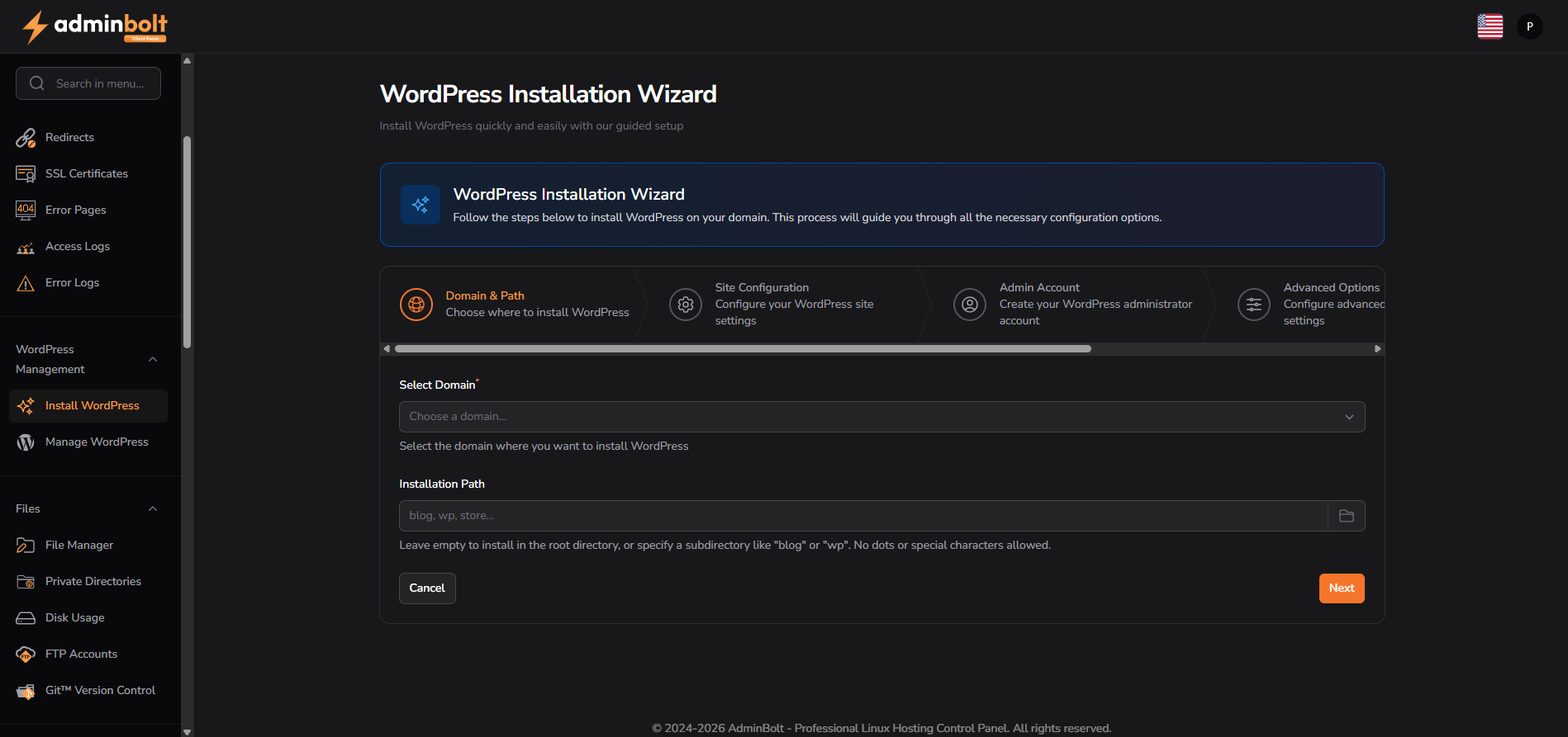 WordPress domain and installation path screen