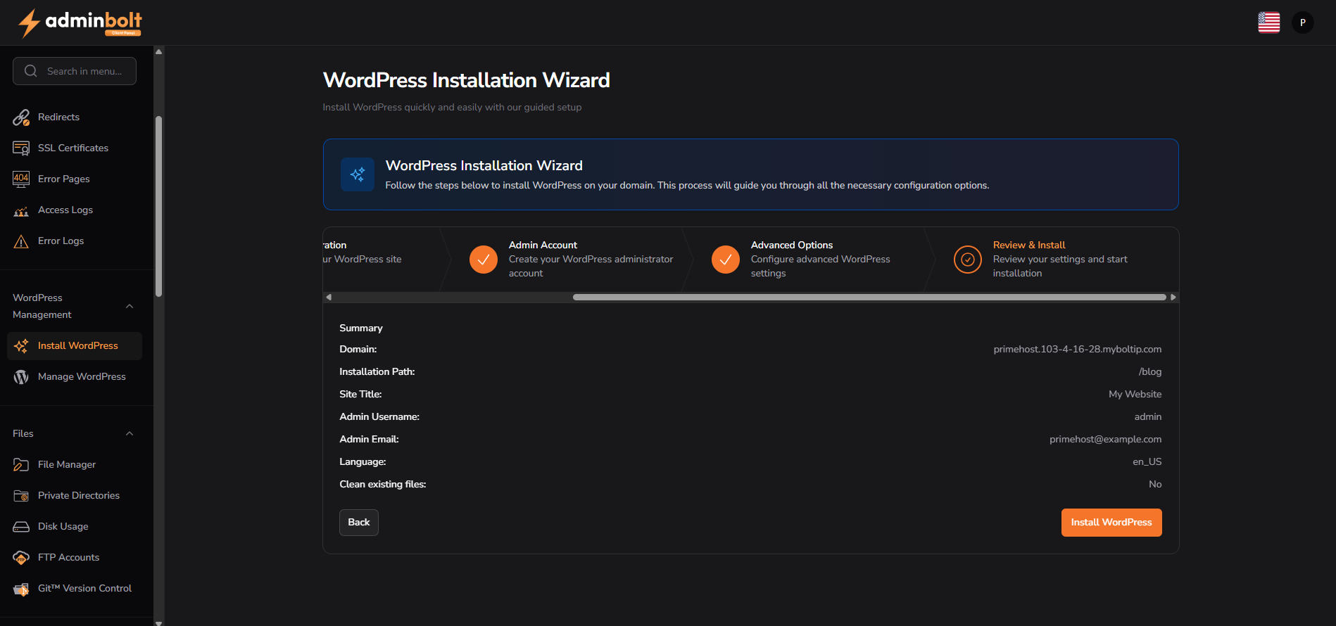 WordPress review and install screen