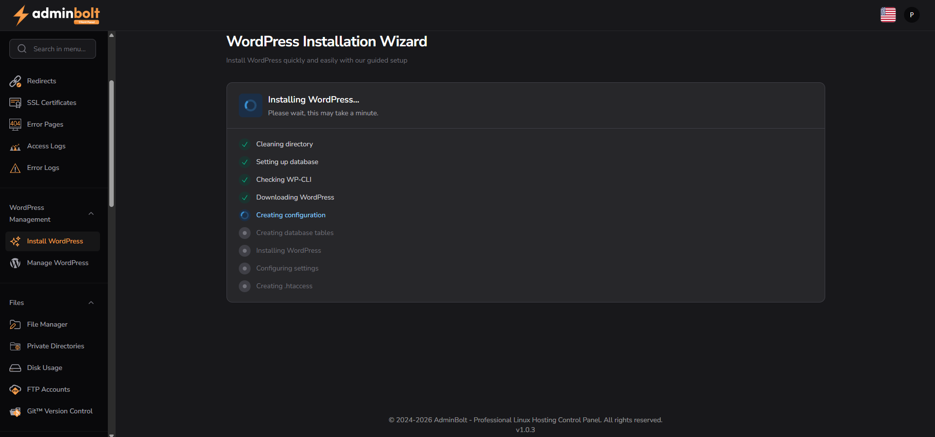 WordPress installation progress screen