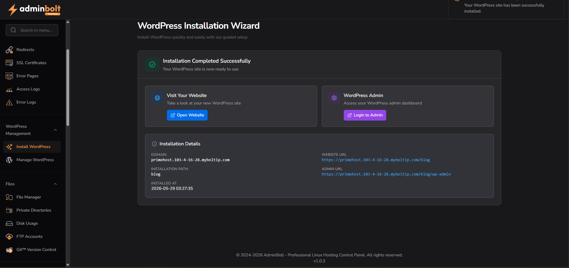 WordPress installation completed successfully screen